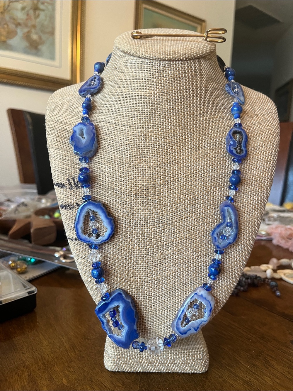 Blue Agate Slices Necklace 
 Hand-beaded by me!!!